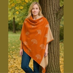 GINKGO LEAF ORANGE CREAM & OLIVE GREEN LAGENLOOK REVERSIBLE SHAWL WRAP 26" X 74"